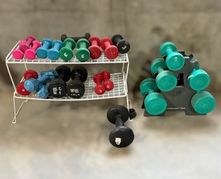 Assorted Vinyl-Covered Dumbbell Collection With Weight Racks & ProSport Fitness Dumbbell Tree