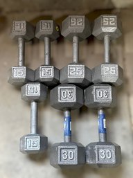 Cast Iron Hex Dumbbell Collection Featuring 15-, 25-, & 30-Lb Pairs