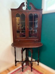 Antique Mahogany 2-Piece Corner Curio Cabinet W/ An Upper Glass Door Cabinet Hutch & Drop Front Table Top