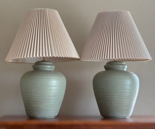 Textured Ceramic Table Lamps Featuring Soft Sage Green Finish And Pleated Shades