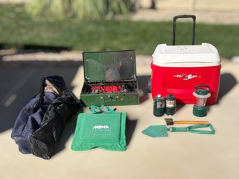 Vintage And Modern Camping Gear Lot Featuring Coleman Stove, Igloo Cooler, Lantern And More