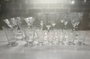 Vintage Floral Etched Crystal Stemware & Footed Cups