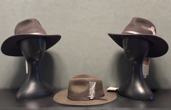 Scala Western Hat Collection Featuring Chocolate & Olive Wide Brim Styles With Leather Bands & Feather Accents