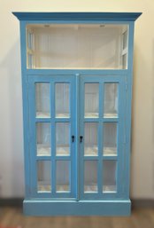 Farmhouse Style Hand-Painted Blue & White Glass-Front Wood Display Cabinet With Interior Lighting & Shelves