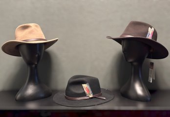 Scala Four Seasons Wool Western Hat Collection Featuring Wide Brims, Leather Bands, And Feather Accents