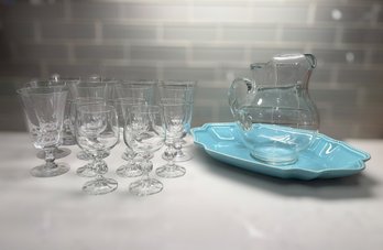 Clear Crystal Stemware W/ Clear Glass Water Pitcher & Primagera Ruffled Ceramic Platter