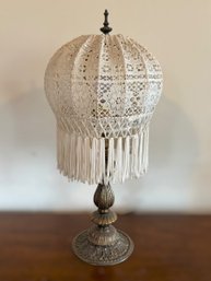 Vintage Brass Boudoir Table Lamp With A Lace Lampshade And Fringed Detailing
