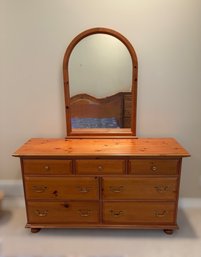 Vintage Open Home Brand Rustic Solid Knotty Pine Seven Drawer Dresser With Matching Arched Mirror