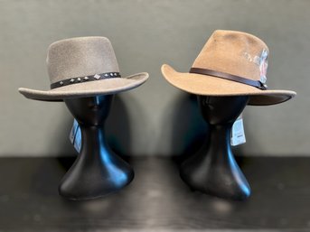 Western Wool Hat Pair Featuring Conner And Scala Designs With Studded Leather And Feather Accents
