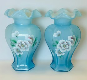 Hand Painted Fenton Blue Topaz Ruffle Flower Hex Vase - Set Of 2