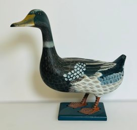 Stunning Hand Painted Carved Wood Mallard Duck On Stand
