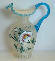 90th Anniversary Fenton Aqua Crest & Optic Swirl Handle Hand Painted & Signed Glass Pitcher