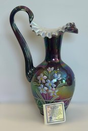 Fenton Art Glass Plum Carnival Overlay Iridescent Diamond Optic Hand Painted Pitcher