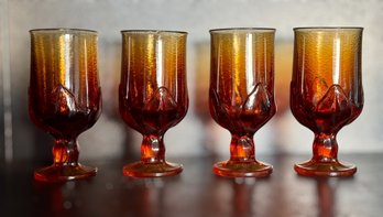 Vintage Textured Raised Tulip Amber Glass Goblets - Lot Of 4