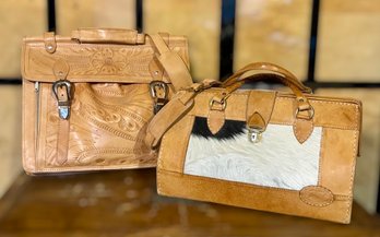 Western-Style Floral Patterned Leather & Leather W/ Cow-hide Womens Purses - Lot Of 2