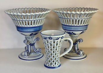 Elegant Porcelain Blue And White Fruit Bowls And Pitcher