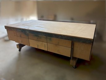 Huge Solid Wood Rolling Work Table W/ Drawers