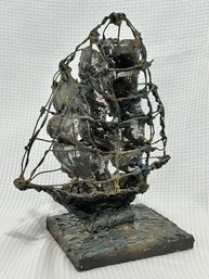 Vintage Hand-crafted 3-Masted Sailing Ship Sculpture