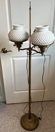 Tall Vintage Brass Floor Lamp With Dual Milk Glass Shades