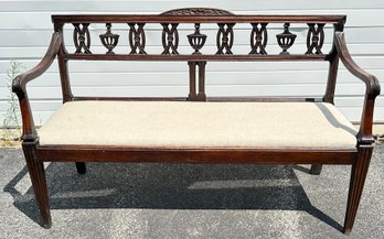 Antique Mahogany Upholstered Splat Back Sofa Bench/Settee