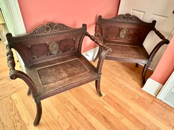 Pair Of Antique English George III Style Carved Mahogany Hall Benches