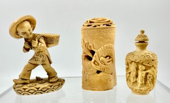 Lot Of 3 Vintage Hand-carved Bone And Resin Sculptures