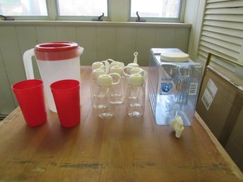 Group Of Plastic Water Pitchers, Glasses, Bottles
