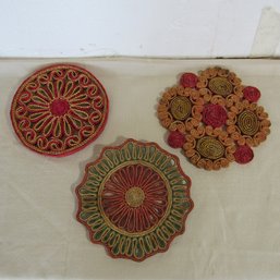 Vintage Trivets Woven Rattan, Straw Rattan Wicker Hot Pad Lot Of 3