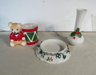 Lot Of 3 Christmas Vase, Teddy Bear Planter, Pfalizcraff Candle Holder