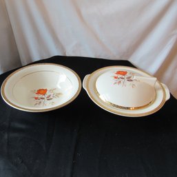 Triumph American Limoges Vermillion Rose 22k Gold Set Of 2 Serving Dishes