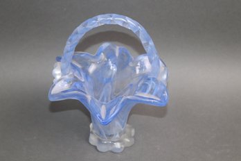 Vintage Opalescent Blue Swirl Art Glass Basket W/ Twisted Handle & Ruffled Rim  Handblown