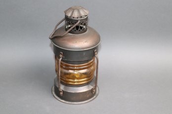 Antique Maritime Copper Lantern With Amber Glass Globe  Rustic Nautical Ship Lamp