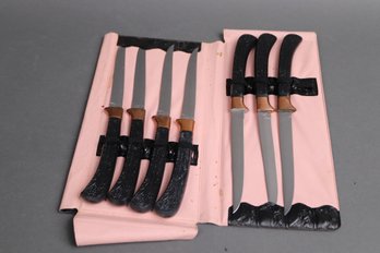 Vintage Wilshire Ltd. Antler Handle Steak Knife Set In Faux Leather Case  Mid-Century Japan