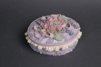 Shabby Chic Lavender Trinket Box With Roses & Lace  Rococo Revival Keepsake