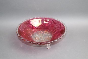 Vintage Ruby Flash Glass Footed Bowl  Pressed Stars & Fans Pattern, Mid-Century Color-Crush Glass
