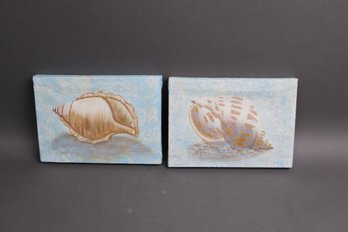 Coastal Cottagecore Shell Art  Pair Of Hand-Painted Nautical Canvases - Ocean Decor Wall Hanging