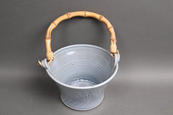 Studio Pottery Basket By Szekely  Blue Glazed Ceramic With Bentwood Handle, Artisan Signed