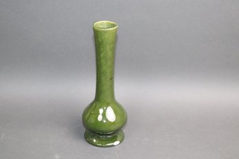 Mid-Century Green Crackle Glaze Ceramic Bottle Vase With Footed Base  Art Pottery Accent Decor