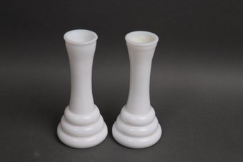 Vintage Milk Glass Candle Holders Pair  Art Deco Ribbed Tiered Base  L Marked  Shabby Chic Decor