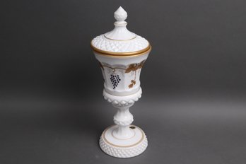 Westmoreland Milk Glass Pedestal Compote W/ Lid  Hand Painted Grapevine, Gold Trim, 12.5'
