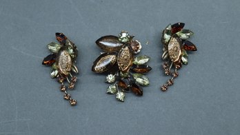Vintage Judy Lee Brooch & Earrings Set  Rhinestone Leaf Demi Parure, Mid-Century Costume Jewelry