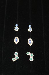 Lot Of 3 Pairs Screw-Back Rhinestone Earrings  Blue, Green, Clear Stones