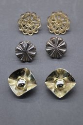 Lot Of 3 Geometric Clip-On Earrings  Gold & Silver Tone Screw-Back  Clip Back Mixed Metal Jewelry Set