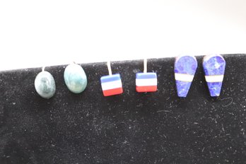 Clip-On Earrings Trio  Lapis Look Inlay, Red White Blue Resin Cubes, Smooth Green Oval Set