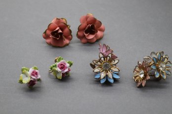 Lot Of 3 Vintage Floral Screw-Back Earrings  Enamel, Porcelain & Rhinestone, Mid-Century Gardencore
