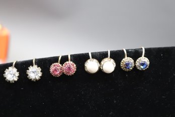 Lot Of 4 Pairs Screw-Back Earrings  Clear, Pink, Blue Stones  Faux Pearl Halo
