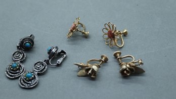 Vintage Screw-Back & Clip-On Earrings Trio  Boho Spirals, Daisy Florals, Rose Dangles  Mid-Century Mix