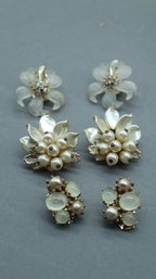 Vintage Pearl & Lucite Clip-On Earrings Lot  Mid-Century Cluster, Frosted Floral, Statement Sets (3 Pairs)