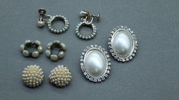 Lot Of 4 Vintage Faux Pearl Earrings  Clip-On & Screwback, Mid-Century Glam, Estate Jewelry