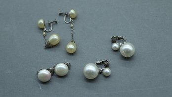 Lot Of 3 Vintage Faux Pearl Earrings  1950s Clip-On & Screwback Sets, Mid-Century Costume Jewelry